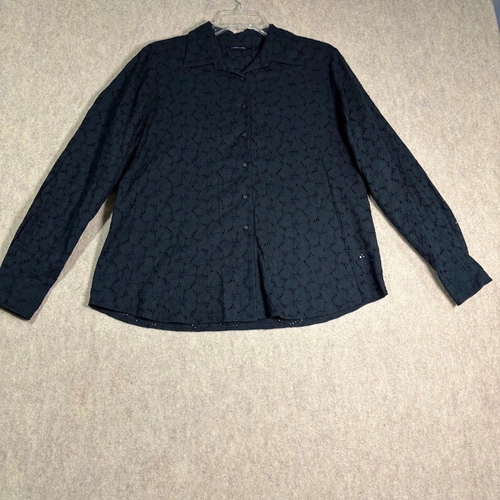 Lands End Eyelet Shirt Womens 14 Navy Blue Cotton Long Sleeve Classic Boho